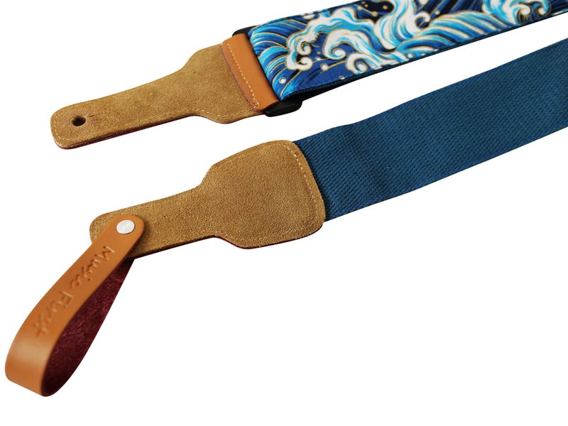 MUSIC FIRST Original Design, 2 inch width (5cm), â€œTsunami Wavesâ€ Soft Muslin & Genuine Leather Delux Banjo Strap, With 2 pieces of MUSIC FIRST Leather Strap Locker. (Tsunami Waves) - Image 5